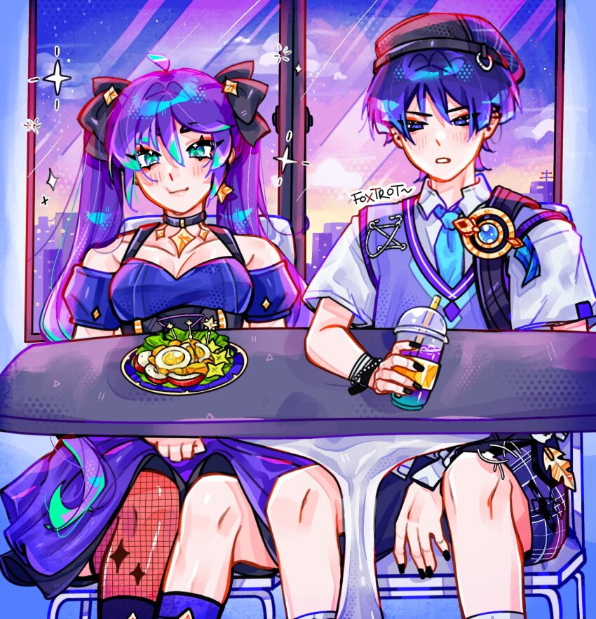 1boy, 1girl, ahoge, alternate_costume, aqua_eyes, aqua_necktie, aqua_trim, armpit_crease