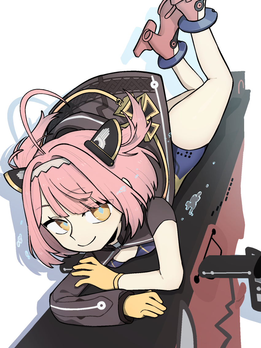 1girl, ahoge, azur_lane, blue_one-piece_swimsuit, blue_pupils, boots, closed_mouth, cross