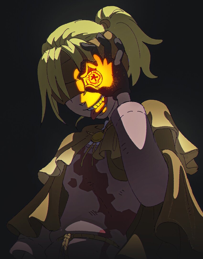 1girl, absurdres, aisendraw, black_background, blindfold, blonde_hair, blood, blood_on_clothes