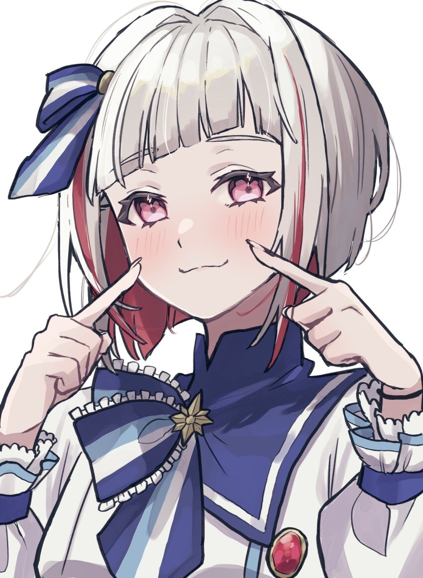 1girl, 365_days_(love_live!), :3, blue_sailor_collar, blush, bob_cut, brooch, closed_mouth, colored_inner_hair, diagonal_bangs, fingers_to_cheeks, grey_hair, highres, inverted_bob, jewelry, lilac_(li_lac_3), link!_like!_love_live!, long_sleeves, looking_at_viewer, love_live!, multicolored_hair, official_alternate_costume, pink_eyes, puffy_long_sleeves, puffy_sleeves, red_hair, sailor_collar, sailor_shirt, shirt, short_hair, simple_background, smile, solo, split_mouth, star_brooch, streaked_hair, upper_body, virtual_youtuber, white_background, yugiri_tsuzuri