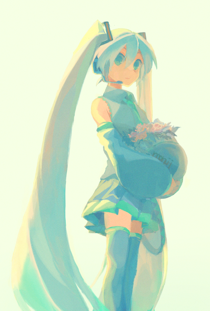 1girl, aqua_eyes, aqua_hair, backlighting, bare_shoulders, blue_eyes, blue_hair, blue_necktie, bouquet, detached_sleeves, flower, hair_between_eyes, hair_ornament, hatsune_miku, headset, holding, holding_bouquet, long_hair, looking_at_viewer, monji47, necktie, pleated_skirt, shirt, simple_background, skirt, solo, thighhighs, twintails, very_long_hair, vocaloid, zettai_ryouiki
