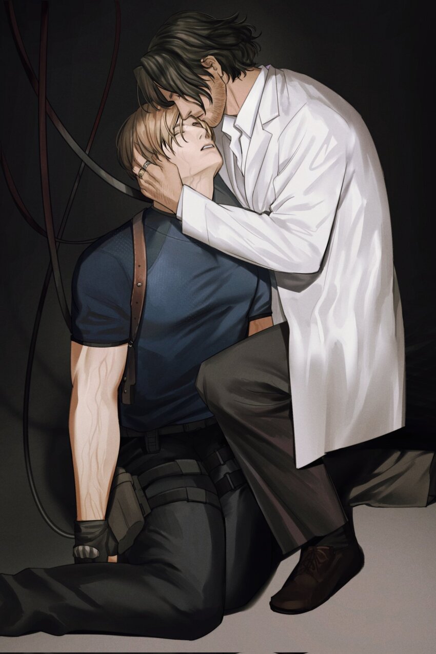 2boys, belt, black_belt, black_footwear, black_gloves, black_pants, blonde_hair, blue_shirt