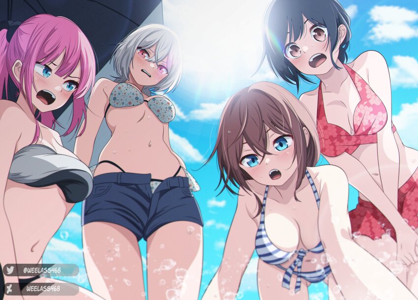 4girls, absurdres, arms_up, beach, beach_umbrella, bikini, black_bikini, black_hair