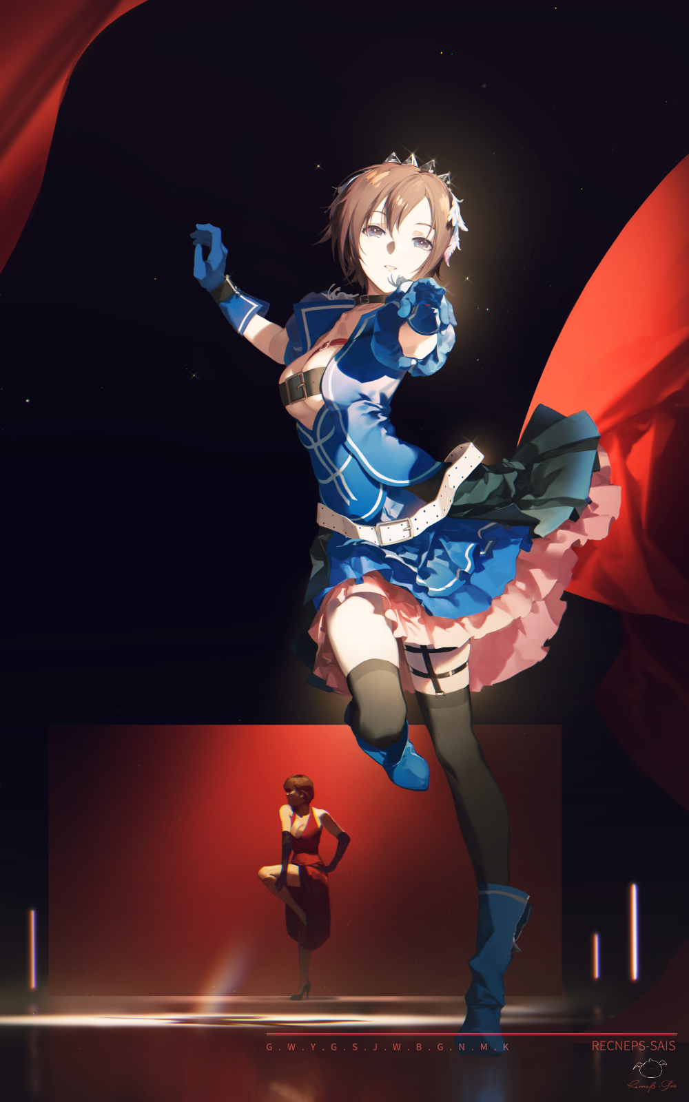 1girl, belt, black_collar, black_thighhighs, blue_boots, blue_gloves, boots, breasts