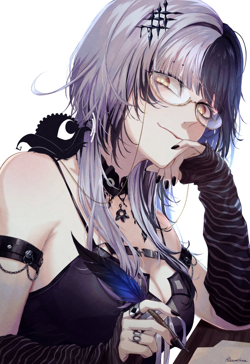 1girl, absurdres, arm_strap, arm_warmers, black_arm_warmers, black_dress, black_hair, black_nails, breasts, cleavage, closed_mouth, dress, feathers, grey_hair, highres, holding, holding_quill, hololive, hololive_english, large_breasts, long_hair, multicolored_hair, potamikouu, quill, shiori_novella, simple_background, solo, split-color_hair, two-tone_hair, virtual_youtuber, white_background, yellow_eyes, yorick_(shiori_novella)