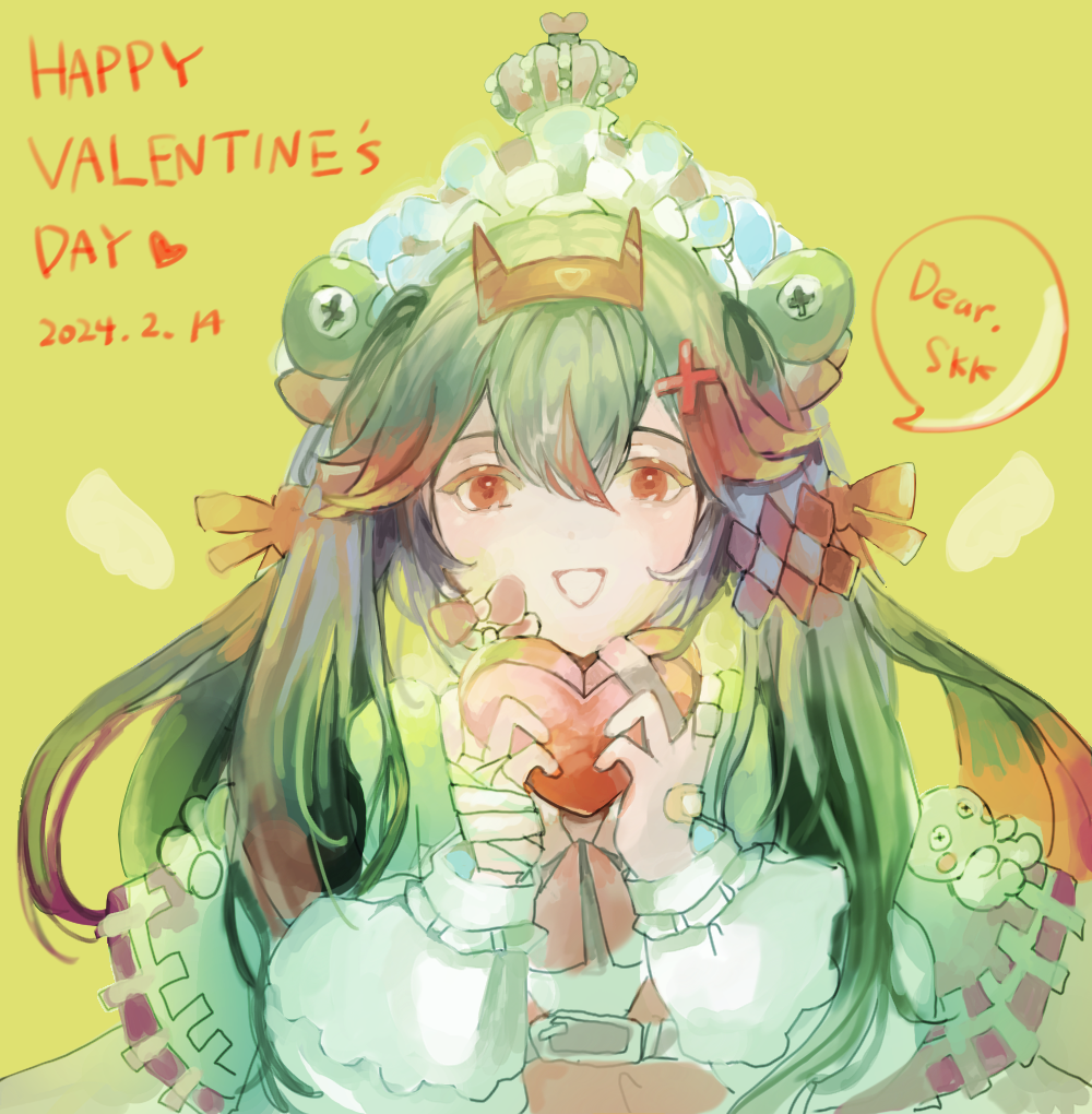 1girl, bandaid, bandaid_on_hand, black_hair, box, dated, fake_horns, gradient_hair, hair_between_eyes, hair_ornament, happy_valentine, heart-shaped_box, holding, holding_box, horns, lucia:_dawn_(pgr), lucia_(pgr), multicolored_hair, punishing:_gray_raven, red_eyes, red_hair, red_horns, side00111, solo, speech_bubble, valentine, x_hair_ornament