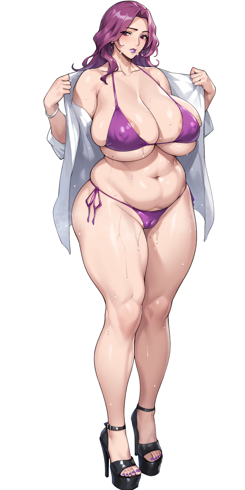 bare_shoulders, bikini, blouse, bracelet, breasts, code_geass, collarbone, cornelia_li_britannia, curvy, high_heels, highres, huge_breasts, jewelry, legs_together, long_hair, mature_female, nanabe_78, plump, purple_bikini, purple_eyes, purple_hair, purple_lips, shirt, simple_background, stomach, swimsuit, thick_thighs, thighs, wet, white_background