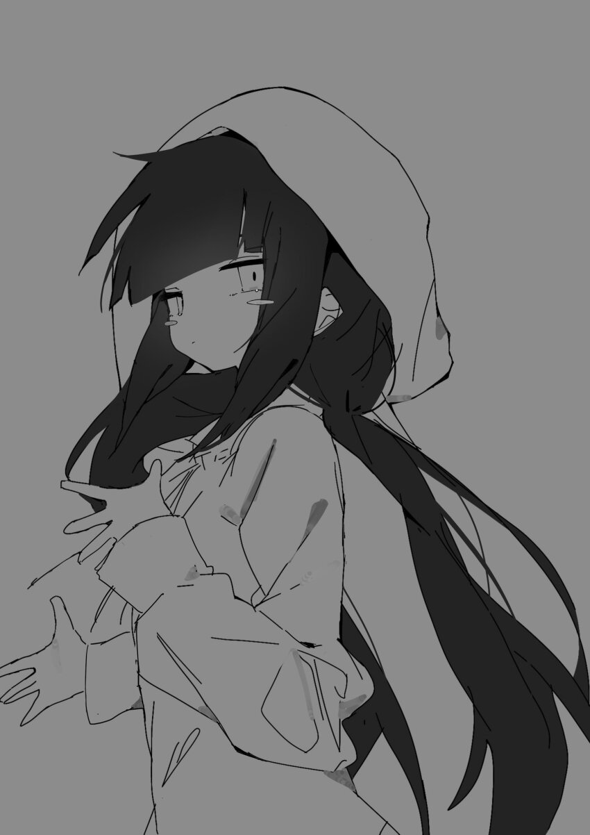 14u0, 1girl, black_hair, blunt_bangs, blush_stickers, expressionless, grey_background, highres, hood, hoodie, inabakumori, looking_at_viewer, low_twintails, osage_(nukunuku_nigirimeshi), twintails