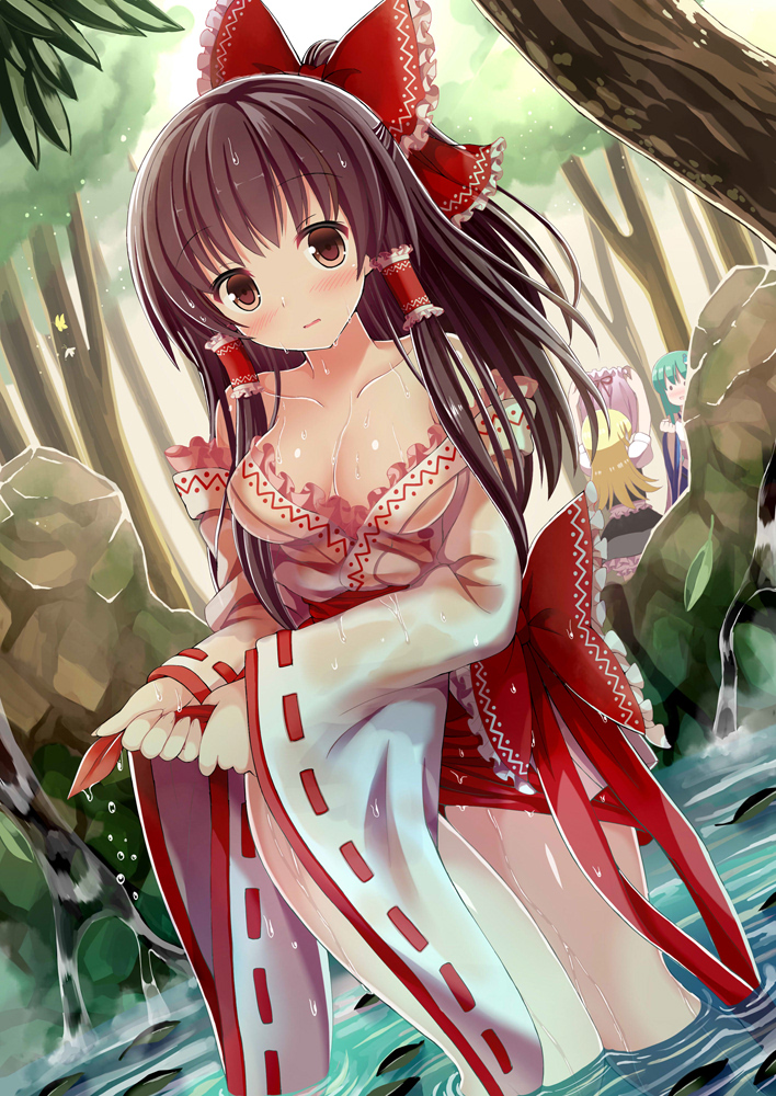 3girls, bare_shoulders, blonde_hair, bloomers, blush, bow, breasts, brown_eyes