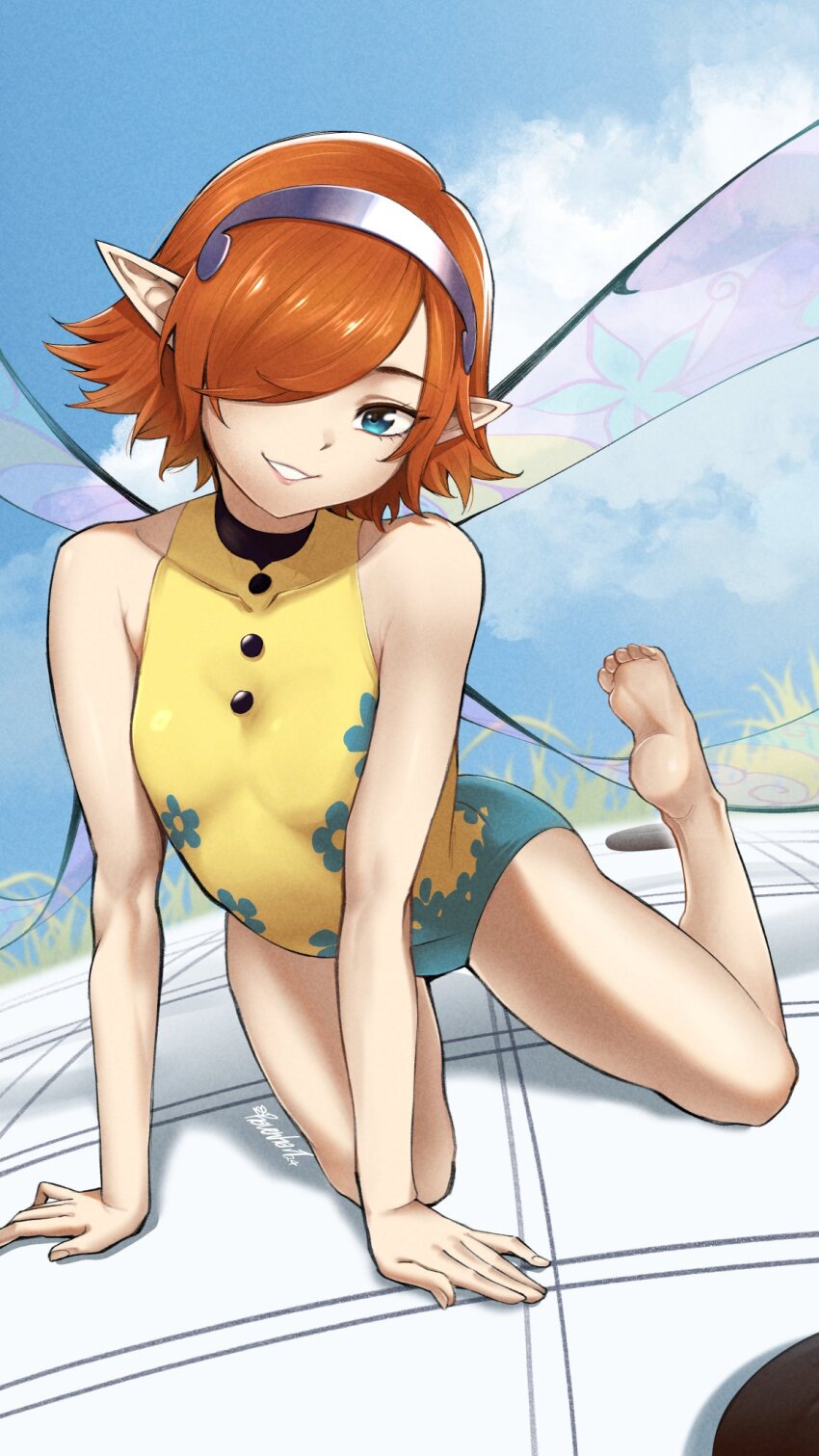 1girl, barefoot, blue_eyes, commentary, english_commentary, fairy, fairy_wings, full_body, gallica_(metaphor:_refantazio), hair_over_one_eye, hairband, highres, leotard, looking_at_viewer, metaphor:_refantazio, orange_hair, outdoors, pointy_ears, ravenhart, short_hair, simple_background, smile, solo, wings