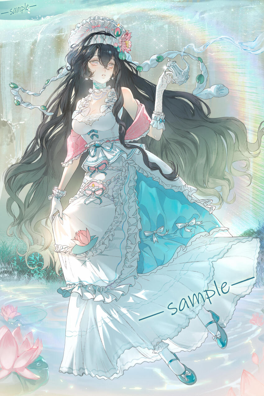 1girl, absurdres, ankle_socks, asymmetrical_gloves, bare_shoulders, black_hair, blue_shoes, breasts