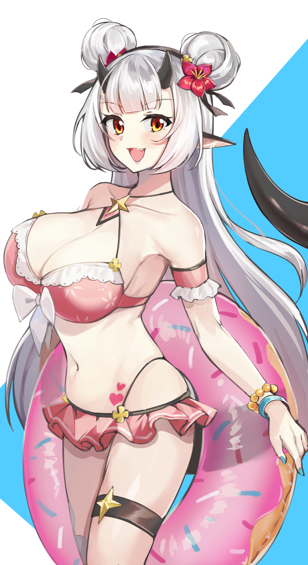 1girl, arm_garter, armpits, bare_shoulders, bead_bracelet, beads, bikini, bikini_skirt, bracelet, breasts, cleavage, double_bun, epic_seven, flower, hair_bun, hair_flower, hair_ornament, hairband, halterneck, highleg, highleg_bikini, highres, holiday_yufine_(epic_seven), horns, innertube, jewelry, large_breasts, long_hair, looking_at_viewer, navel, official_alternate_costume, open_mouth, pink_bikini, pointy_ears, qnishi_(kyunishi), red_eyes, smile, solo, standing, stomach, string_bikini, swim_ring, swimsuit, thigh_strap, thighs, very_long_hair, white_hair, yufine_(epic_seven)