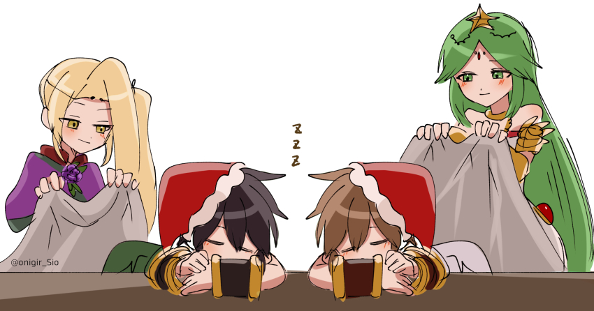 2boys, 2girls, angel, angel_wings, black_hair, blonde_hair, brown_hair, christmas, covering_with_blanket, dark_pit, green_eyes, green_hair, hair_ornament, hat, highres, kid_icarus, kid_icarus_uprising, looking_at_another, multiple_boys, multiple_girls, nintendo, onigiri_(onigir_sio), palutena, pit_(kid_icarus), santa_hat, siblings, sleeping, star_(symbol), star_hair_ornament, twins, viridi, wings, yellow_eyes, zzz