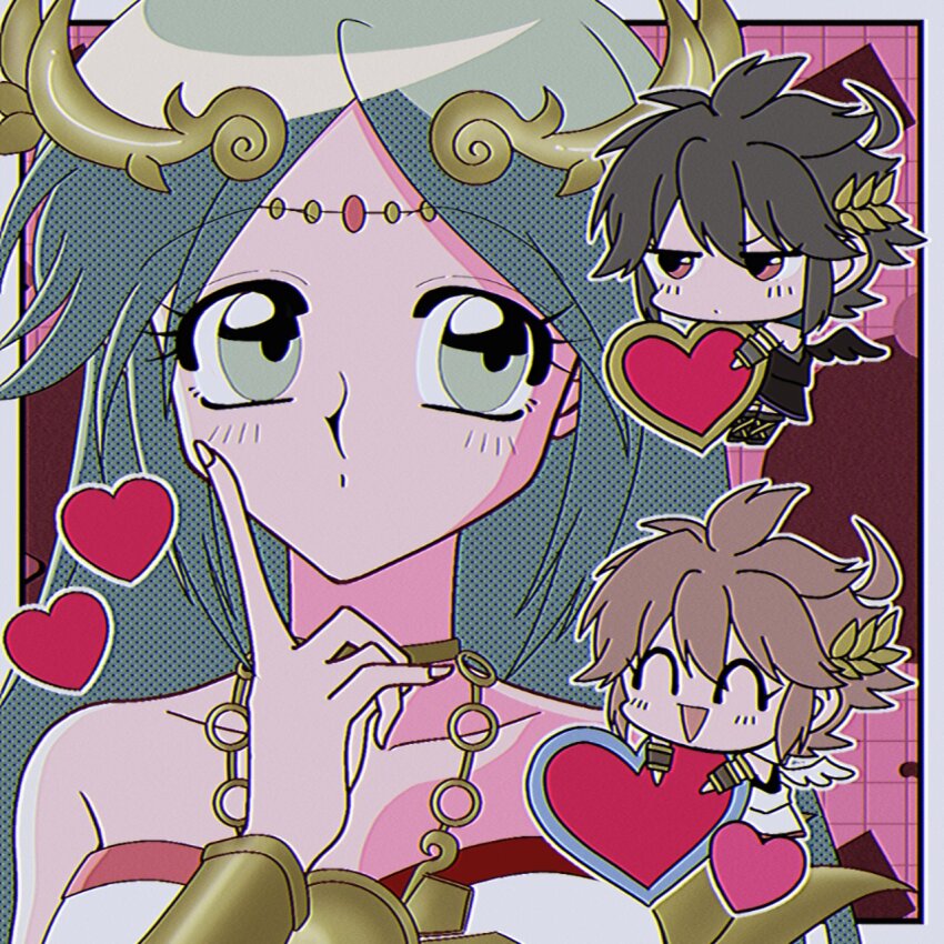 1990s_(style), 1girl, 2boys, :o, ^_^, ahoge, ancient_greek_clothes, angel