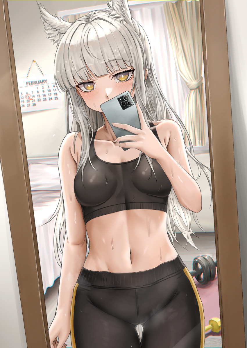1girl, absurdres, arknights, black_pants, calendar_(object), cellphone, cowboy_shot, crop_top