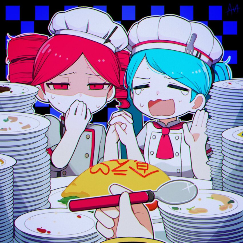 3girls, akita_neru, alternate_costume, alternate_hairstyle, black_background, black_sleeves, blue_hair, buttons