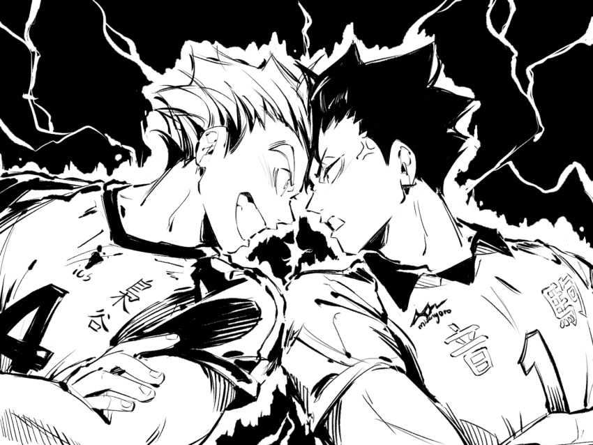 2boys, anger_vein, aura, black_background, bokuto_koutarou, clenched_teeth, crossed_arms, electricity