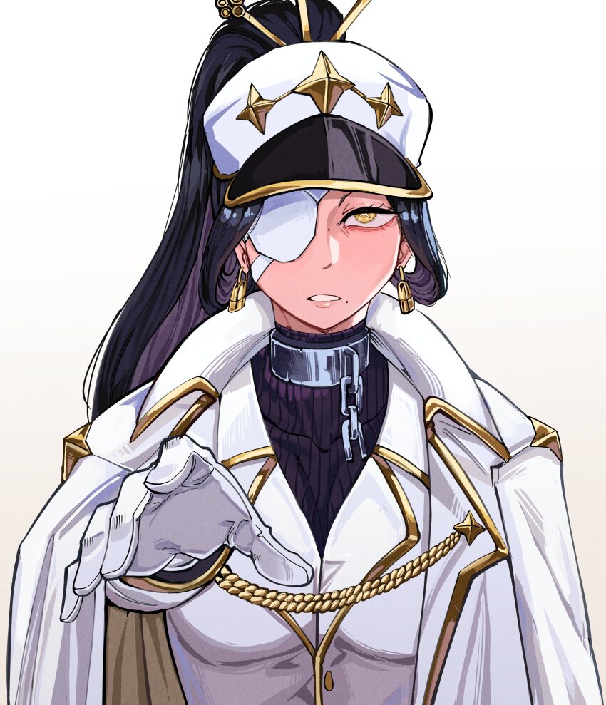 1girl, absurdres, aiguillette, antares_topaz, black_hair, chain, coat, coat_on_shoulders