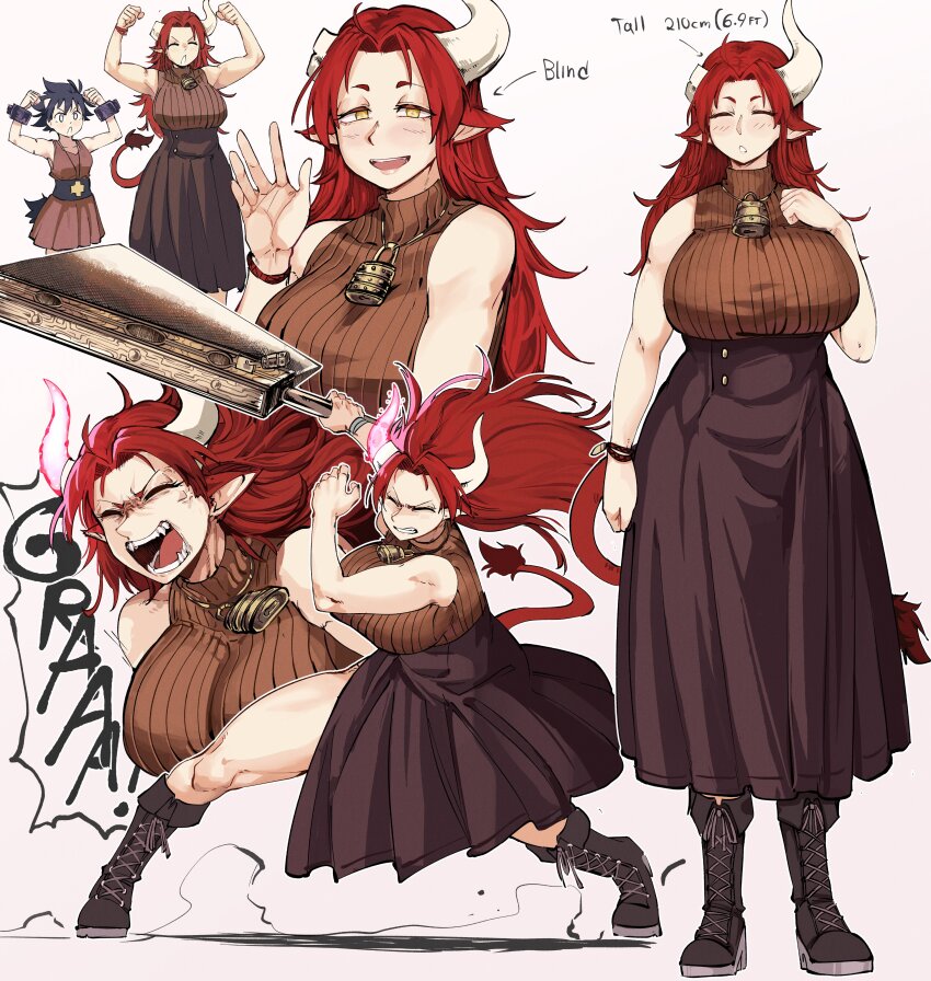 2girls, absurdres, antares_topaz, axe, blind, breasts, broken_horn, cow_tail, cross-laced_footwear, cygni_boreas_lluminal, energy_horns, english_text, fangs, fighting_stance, ganymede_(antares_topaz), high-waist_skirt, highres, holding, holding_axe, horns, huge_breasts, lock_necklace, minotaur, multiple_girls, multiple_views, open_mouth, original, pointy_ears, red_hair, ribbed_vest, shouting, skirt, solo_focus, tail, teeth, waving, white_background, yellow_eyes