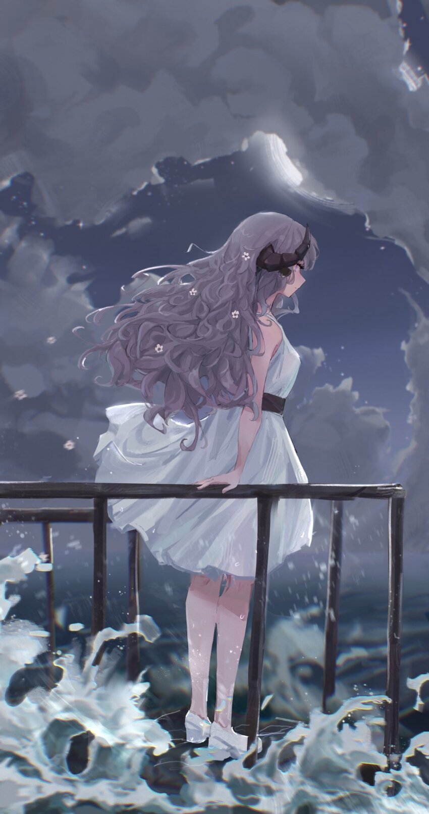 1girl, animal_ears, bigleonard4, chikafuji_lisa, closed_mouth, cloud, dress, flower, from_side, grey_hair, hair_flower, hair_ornament, hand_on_railing, highres, horns, chromashift, long_hair, moon, ocean, purple_eyes, sheep_ears, sheep_girl, sheep_horns, sleeveless, solo, virtual_youtuber, white_dress, white_footwear