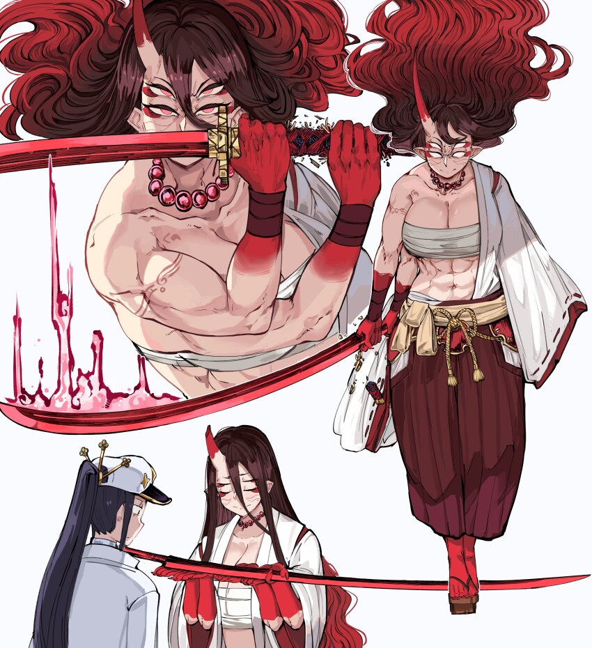 2girls, abs, absurdres, antares_topaz, bead_necklace, beads, black_hair, breasts, cleavage, coat, colored_skin, extra_arms, extra_eyes, eyeliner, fighting_stance, geta, gradient_skin, hakama, highres, holding, holding_sword, holding_weapon, horns, japanese_clothes, jewelry, katana, kimono, libra_(antares_topaz), makeup, multiple_girls, multiple_views, muscular, muscular_female, necklace, oni, open_clothes, open_kimono, original, red_skin, sarashi, scorpio_(antares_topaz), single_bare_shoulder, single_horn, solo_focus, sword, weapon, white_background, white_coat, white_kimono