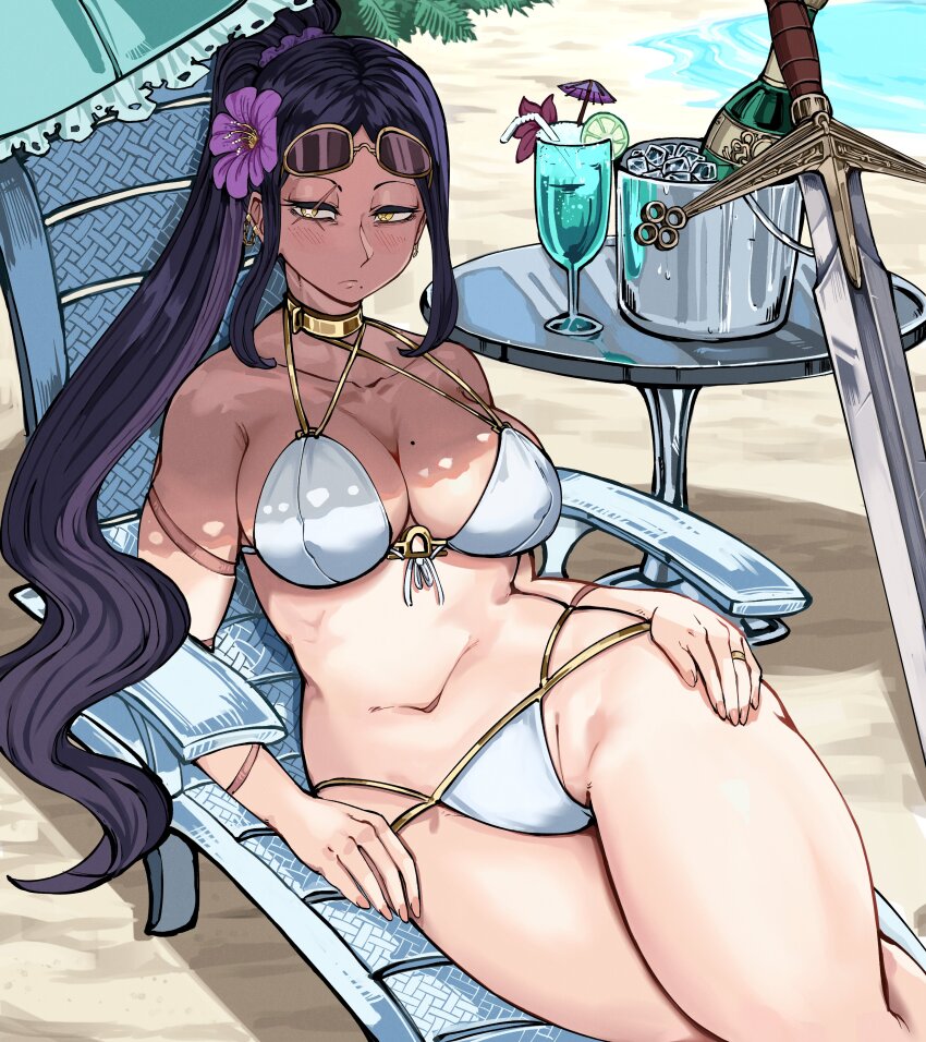 1girl, absurdres, antares_topaz, beach, beach_chair, bikini, black_hair, breasts, chair, cocktail_umbrella, drink, eyebrow_cut, flower, food, fruit, gold_collar, highres, ice_bucket, jewelry, libra_(antares_topaz), lime_(fruit), lime_slice, mature_female, mole, mole_on_breast, mole_under_mouth, on_chair, original, purple_flower, reclining, ring, sand, scar, scar_on_face, solo, star_(symbol), sunglasses, swimsuit, sword, symbol-shaped_pupils, table, umbrella, water, weapon, white_bikini, yellow-framed_eyewear