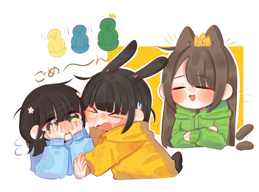 >_<, 3girls, animal_ears, animification, baboomasu, black_hair, blue_hoodie, blush