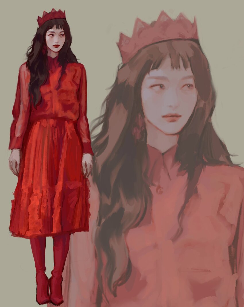 1girl, blunt_bangs, boots, brown_hair, closed_mouth, collared_dress, commentary, crown