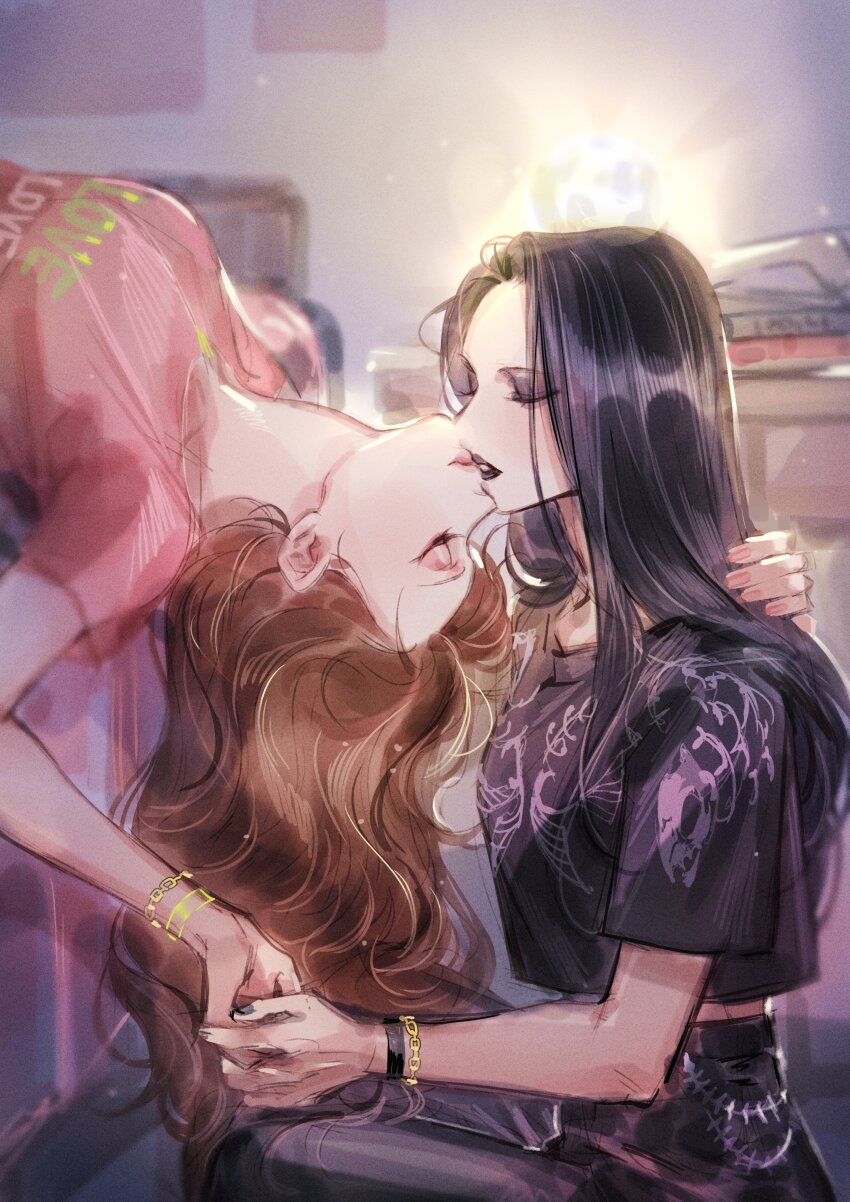 2girls, absurdres, anssel3, black_eyeshadow, black_hair, black_lips, black_nails, black_pants, black_shirt, bracelet, brown_hair, closed_eyes, commentary, eyeshadow, hand_in_another's_hair, he_xuan, highres, holding_hands, indoors, jewelry, kiss, long_hair, makeup, multiple_girls, pants, pink_shirt, shi_qingxuan, shirt, short_sleeves, untranslatable_commentary, tianguan_cifu, yuri