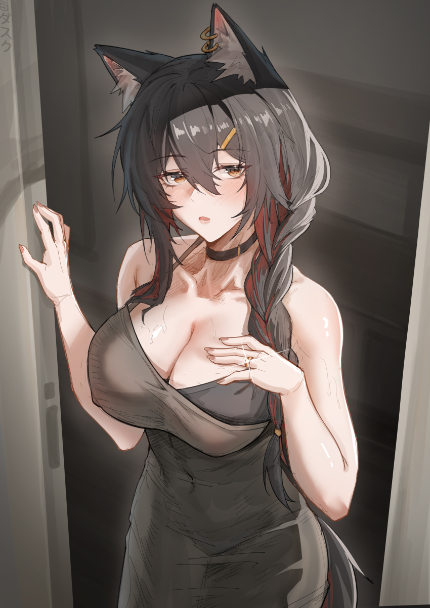 1girl, absurdres, alternate_costume, animal_ear_fluff, animal_ear_piercing, animal_ears, arknights, bare_arms, bare_shoulders, black_choker, black_dress, black_hair, blush, breast_suppress, breasts, brown_hair, chinese_commentary, choker, cleavage, collarbone, commentary_request, covered_navel, cowboy_shot, dress, fingernails, glint, hair_between_eyes, hair_ornament, hairclip, halter_dress, halterneck, highres, jewelry, knight_fault, large_breasts, long_hair, looking_at_viewer, mature_female, multicolored_hair, ring, skin_tight, solo, standing, streaked_hair, texas_(arknights), textless_version, wolf_ears, wolf_girl