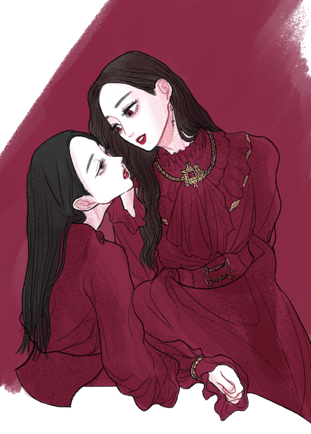 2girls, brown_hair, choerry, commentary_request, doo_twodot, dress, earrings, eye_contact