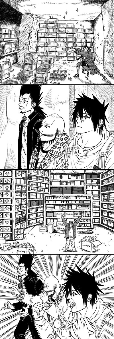 1girl, 4boys, 4koma, bad_id, bad_pixiv_id, box, comic, cross