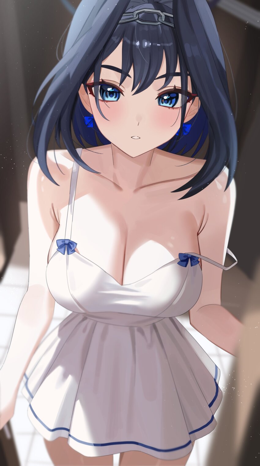 1girl, absurdres, alternate_costume, black_hair, blue_eyes, blue_hair, blurry, blush