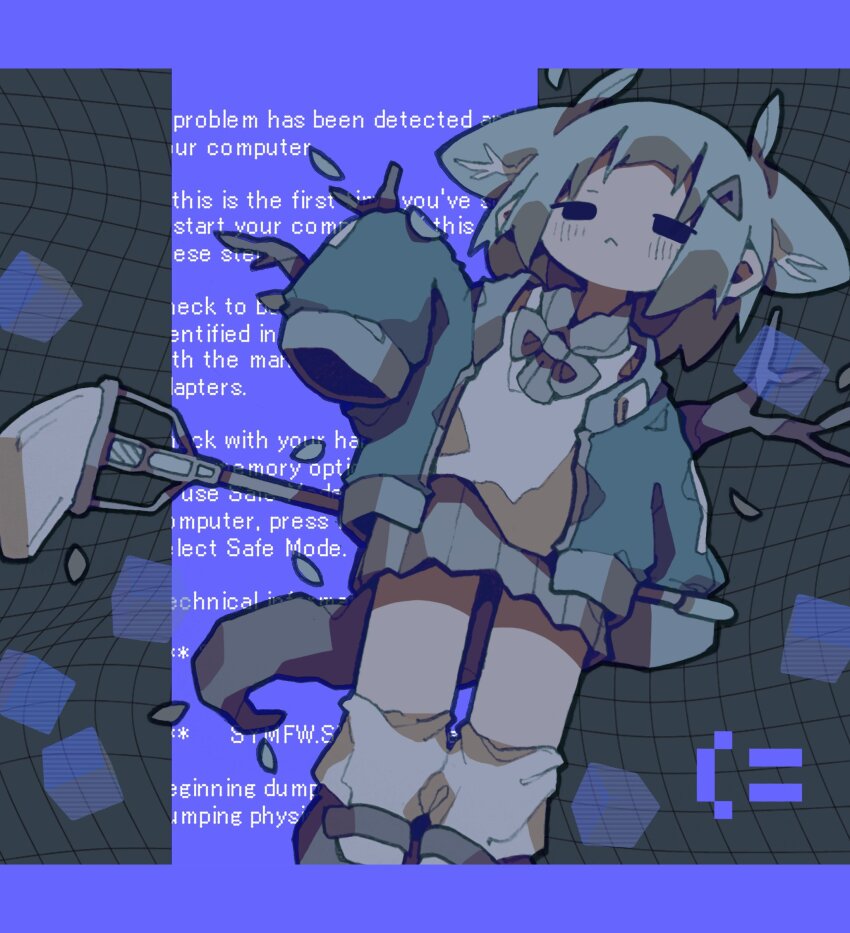 1girl, :<, bad_id, bad_twitter_id, black_eyes, blue_screen_of_death, branch, closed_mouth, commentary, cube, deformed, grey_shoes, grey_skirt, hair_ornament, hand_up, highres, holding, holding_mop, letterboxed, long_sleeves, looking_at_viewer, mary_janes, medium_hair, mop, nikamoka, no_sclera, original, plant_ears, plant_tail, pleated_skirt, shirt, shoes, skirt, sleeves_past_fingers, sleeves_past_wrists, socks, solo, untranslatable_commentary, tail, white_shirt, white_socks