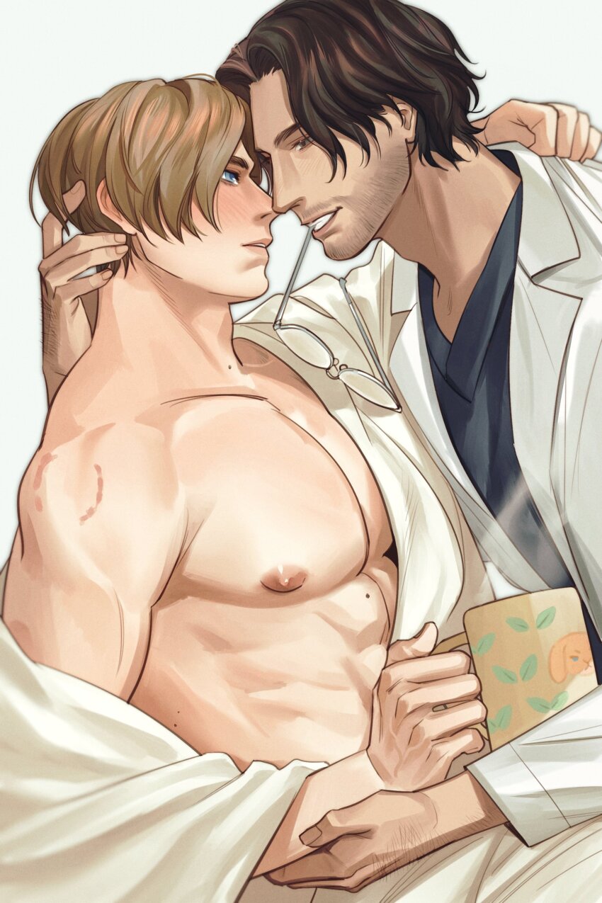 2boys, abs, absurdres, arm_around_shoulder, bare_pectorals, beard, bite_mark, bite_mark_on_arm, black_shirt, blonde_hair, blue_eyes, brown_eyes, brown_hair, coat, commentary_request, couple, cup, eye_contact, eyewear_in_mouth, facial_hair, glasses, grin, hand_on_another's_arm, hand_on_another's_neck, highres, holding, holding_cup, lapels, leon_s._kennedy, long_sleeves, looking_at_another, luis_sera, male_focus, mouth_hold, mug, multiple_boys, muscular, muscular_male, nipples, parted_lips, pectorals, profile, resident_evil, resident_evil_2, shirt, shirt_partially_removed, simple_background, smile, songyeerhu, teeth, unworn_eyewear, wavy_hair, white_background, white_coat, white_shirt, yaoi