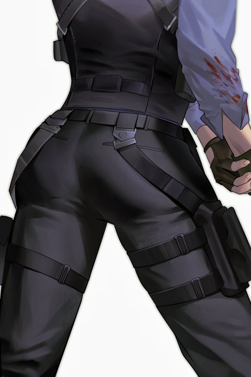 1boy, absurdres, ass, ass_focus, belt, black_gloves, black_pants, blood, blood_on_clothes, blue_shirt, chest_harness, chinese_commentary, clothing_cutout, commentary_request, feet_out_of_frame, from_behind, glove_cutout, gloves, harness, head_out_of_frame, highres, leon_s._kennedy, long_sleeves, male_focus, multiple_belts, own_hands_clasped, own_hands_together, pants, pouch, resident_evil, resident_evil_2, shirt, simple_background, solo, songyeerhu, thigh_belt, thigh_pouch, thigh_strap, white_background
