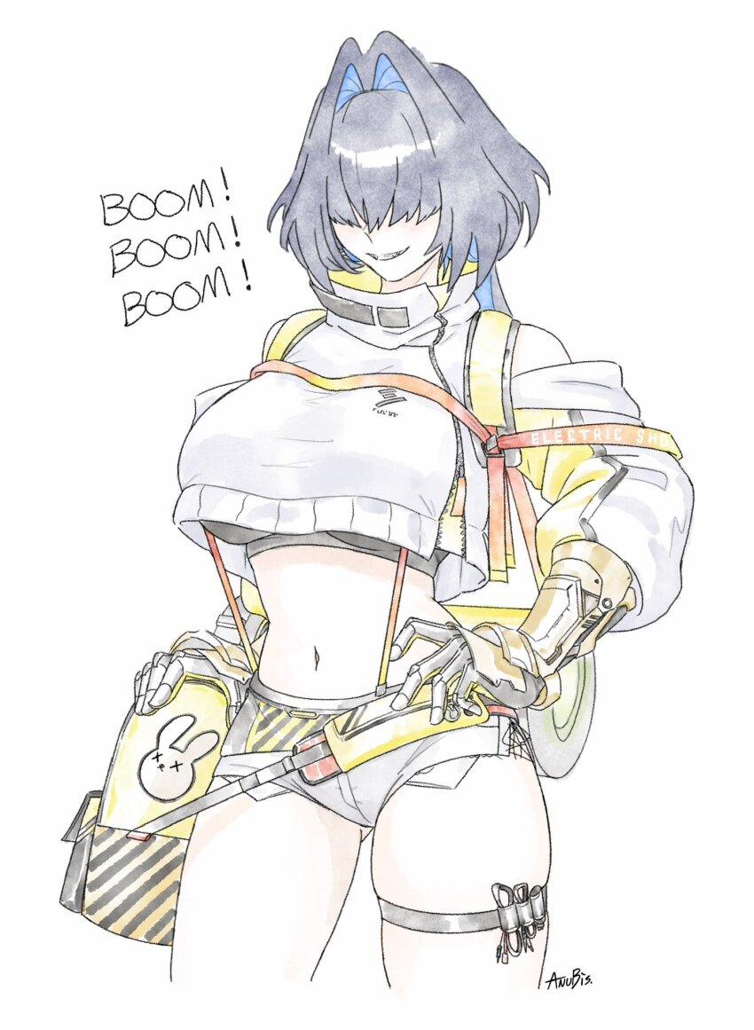 biscuitaart, blue_hair, breasts, cosplay, elegg_(nikke), elegg_(nikke)_(cosplay), gloves, goddess_of_victory:_nikke, highres, hololive, hololive_english, large_breasts, midriff, navel, ouro_kronii, short_shorts, shorts, sports_bra, thick_thighs, thighs, virtual_youtuber