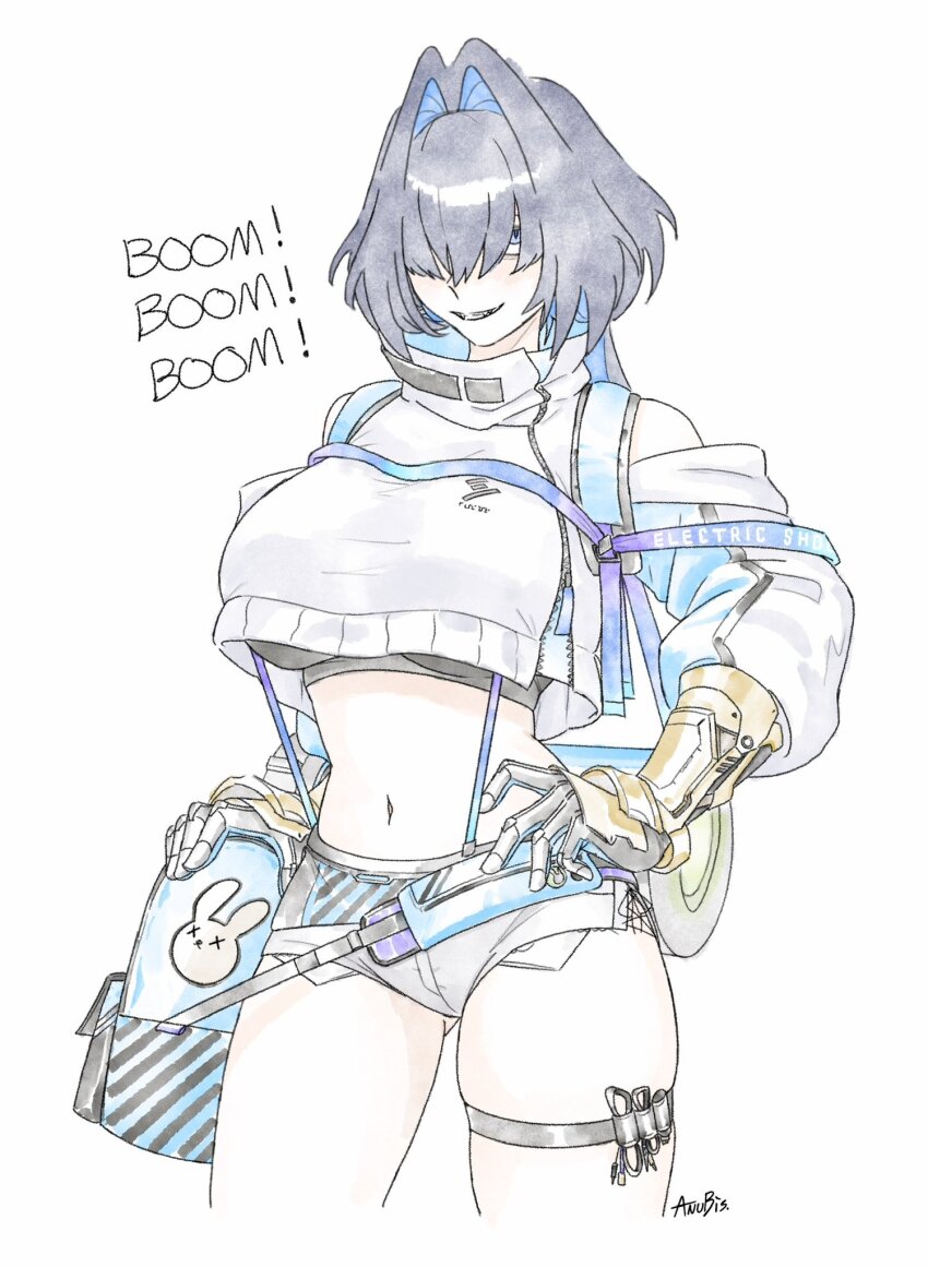 biscuitaart, blue_hair, breasts, cosplay, elegg_(nikke), elegg_(nikke)_(cosplay), gloves, goddess_of_victory:_nikke, highres, hololive, hololive_english, large_breasts, midriff, navel, ouro_kronii, short_shorts, shorts, sports_bra, thick_thighs, thighs, virtual_youtuber