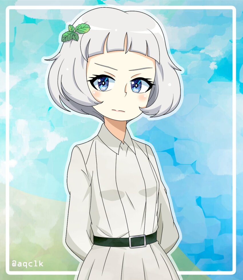 1girl, aqclk, arms_behind_back, belt, belt_buckle, black_belt, blue_eyes, buckle