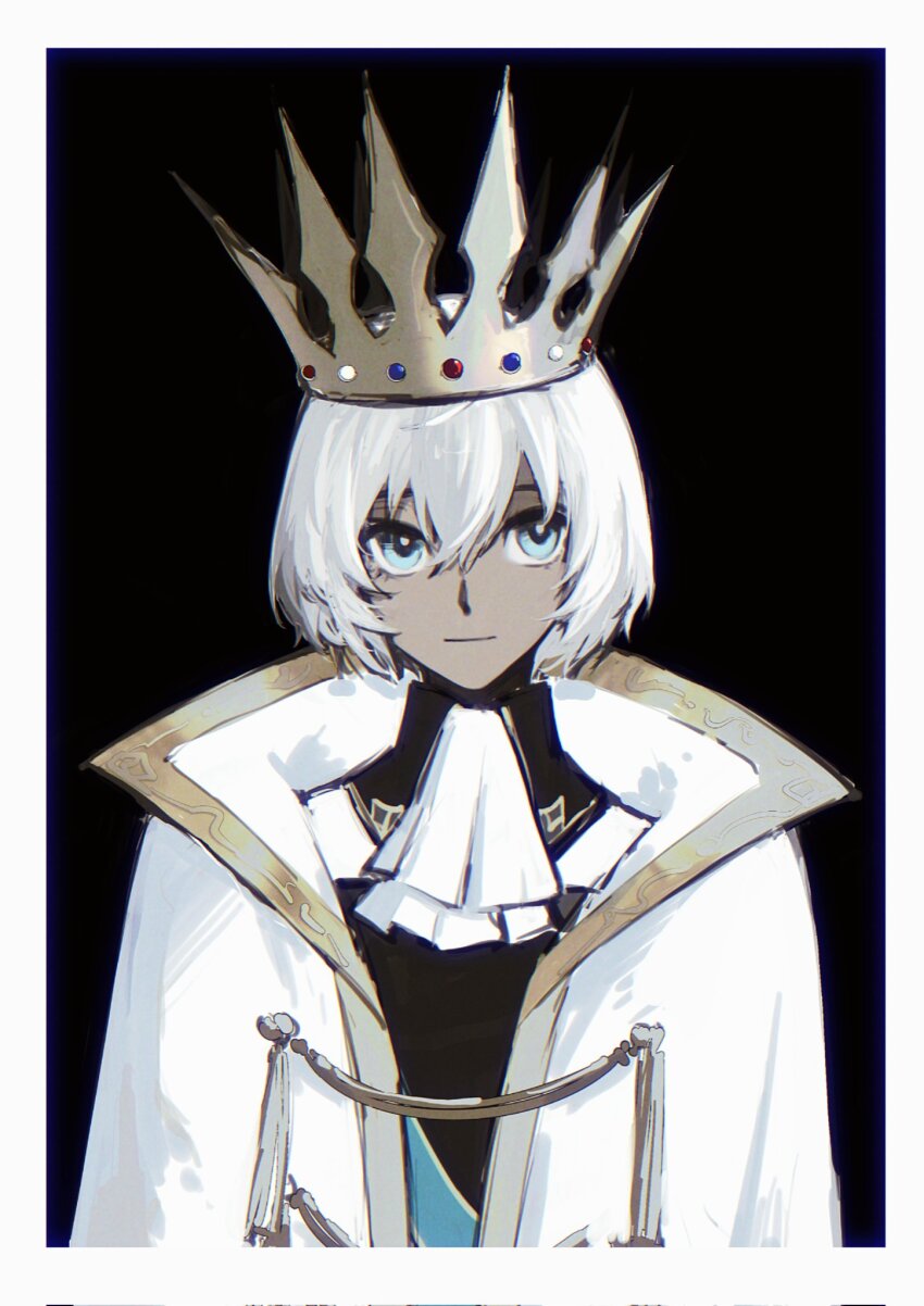 1boy, anxilotus, ascot, black_background, blue_eyes, border, cape, closed_mouth