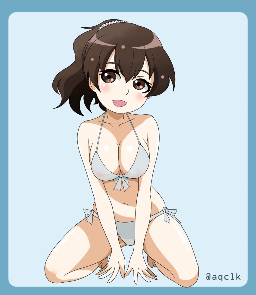 1girl, aqclk, bikini, breasts, brown_eyes, brown_hair, cleavage, collarbone, fingers_on_ground, frilled_hair_tubes, frills, front-tie_bikini_top, front-tie_top, girls_und_panzer, hair_tubes, highres, koyama_yuzu, large_breasts, looking_at_viewer, navel, ponytail, seiza, side-tie_bikini_bottom, signature, sitting, swimsuit, white_bikini