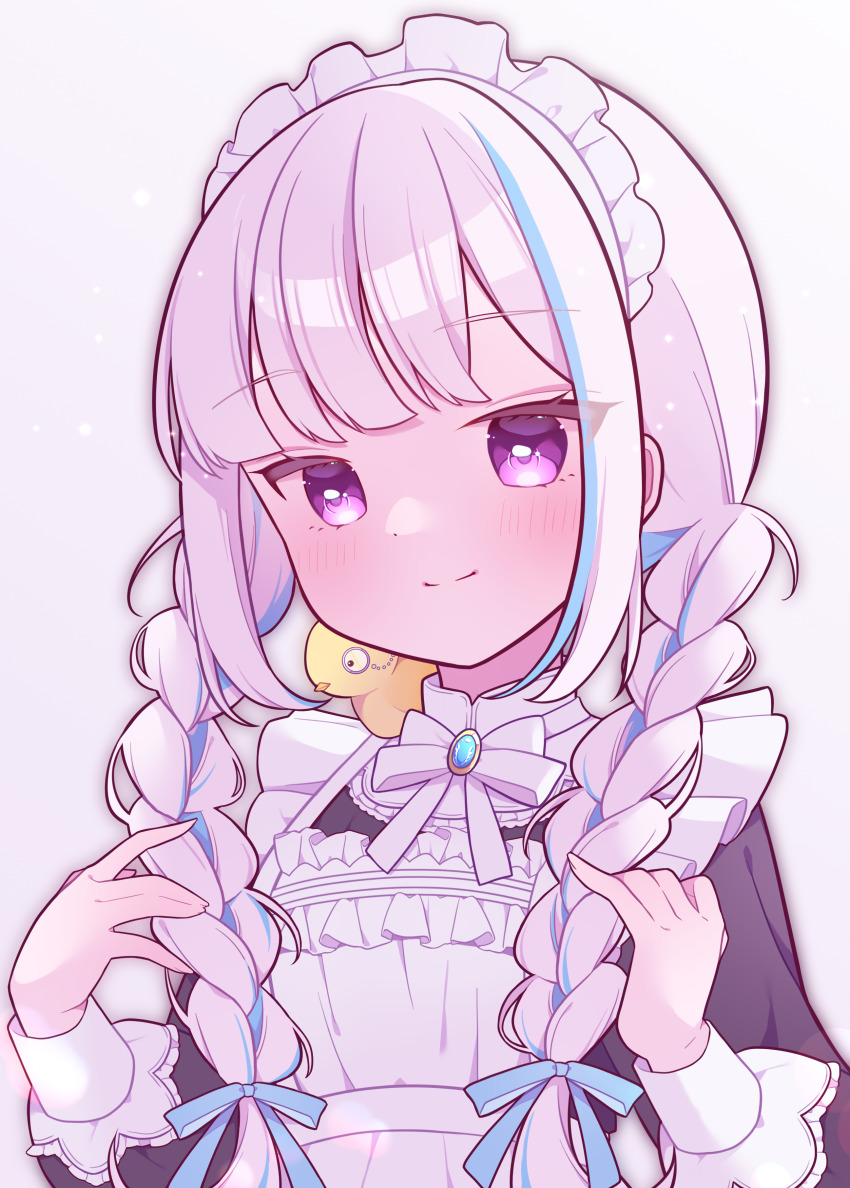 1girl, absurdres, apron, baby_animal, bird, blue_hair, blue_ribbon, blush