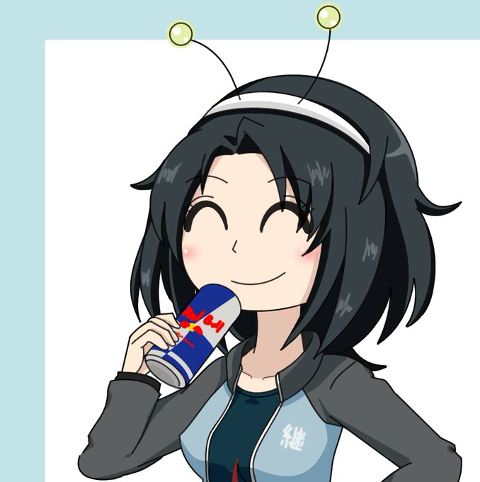 1girl, antennae, aqclk, black_hair, black_shirt, blue_jacket, can, closed_eyes