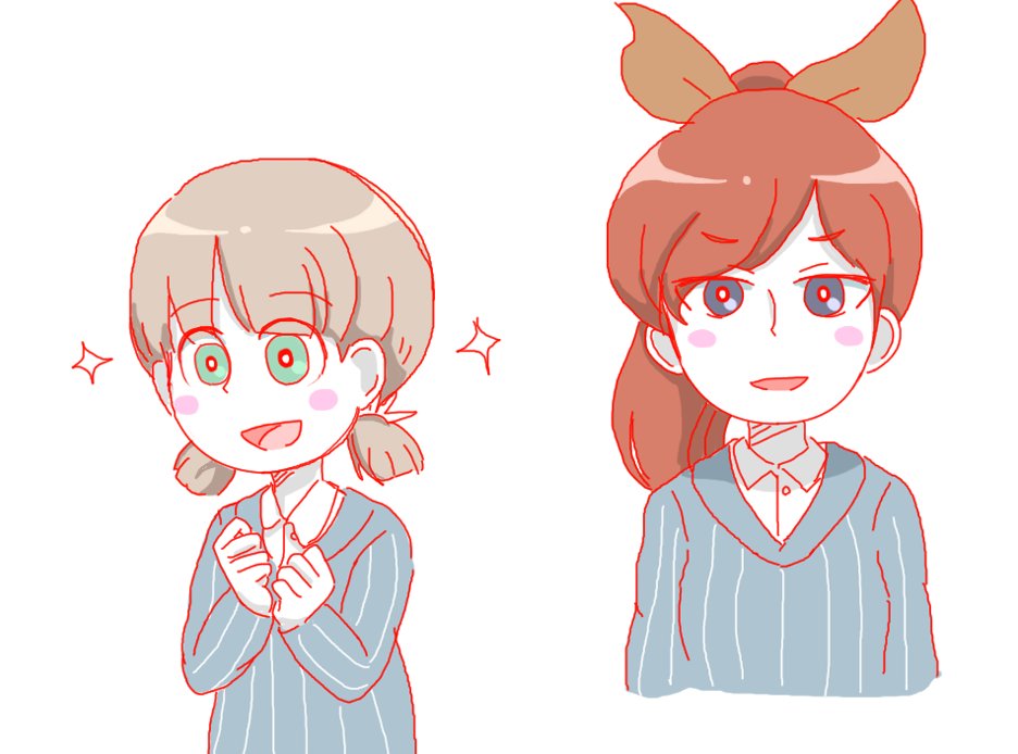 2girls, aki_(girls_und_panzer), aqclk, blue_eyes, blue_sweater, bow, brown_hair, collared_shirt, girls_und_panzer, girls_und_panzer_phase_erika, green_eyes, hair_bow, keizoku_school_uniform, lili_(girls_und_panzer), long_hair, long_sleeves, multiple_girls, ponytail, school_uniform, shirt, short_hair, short_twintails, smile, sparkle, sweater, twintails, white_hair, white_shirt