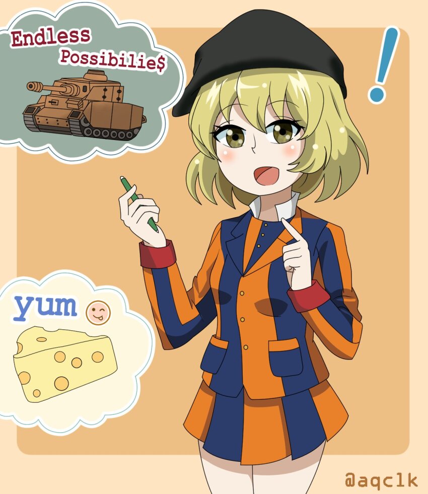 aqclk, beret, black_hat, blonde_hair, cheese, collared_shirt, cyuuritsu_school_uniform, food