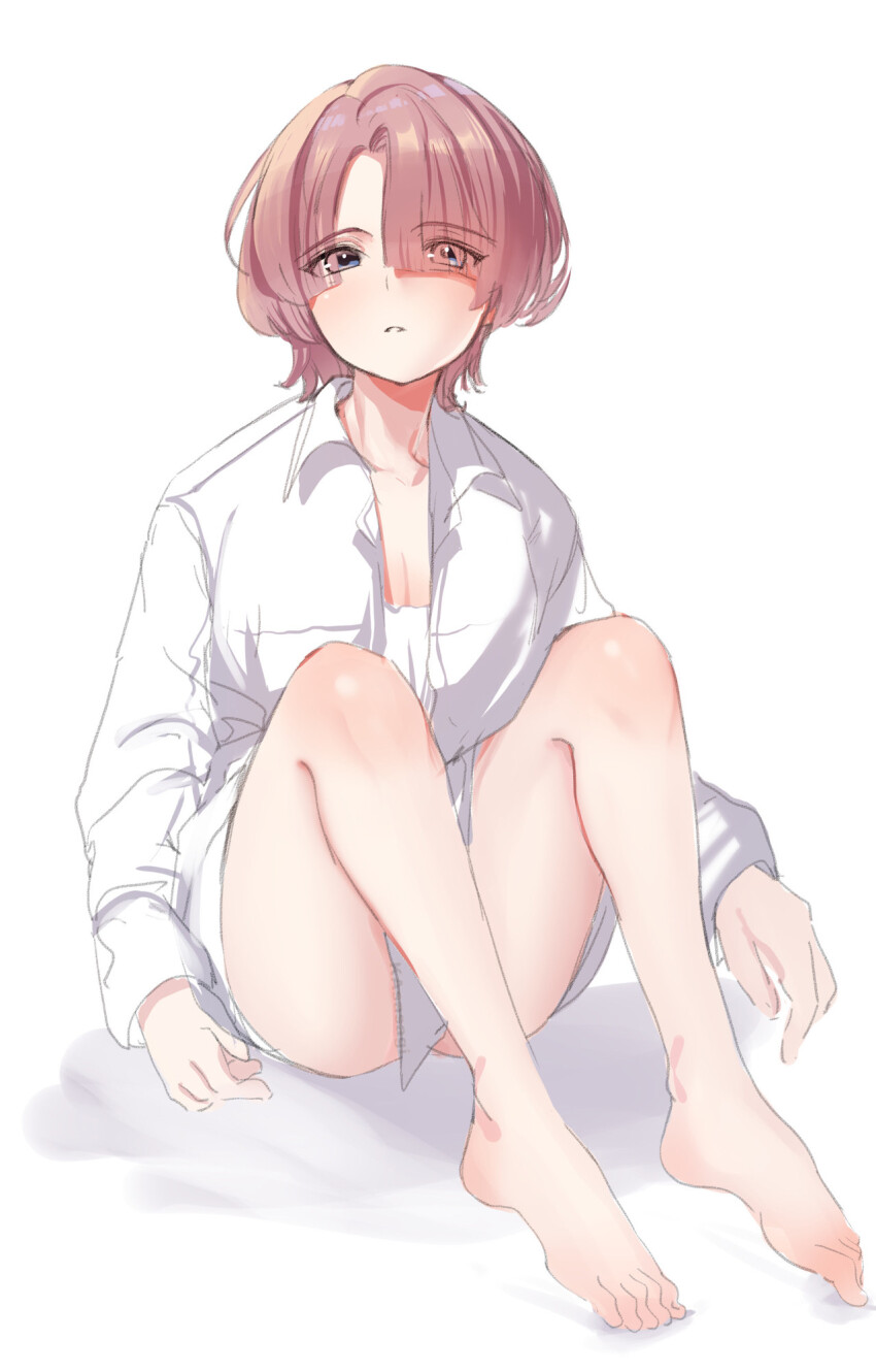 1girl, arimura_mao, artist_name, barefoot, breasts, cleavage, collared_shirt, commentary_request