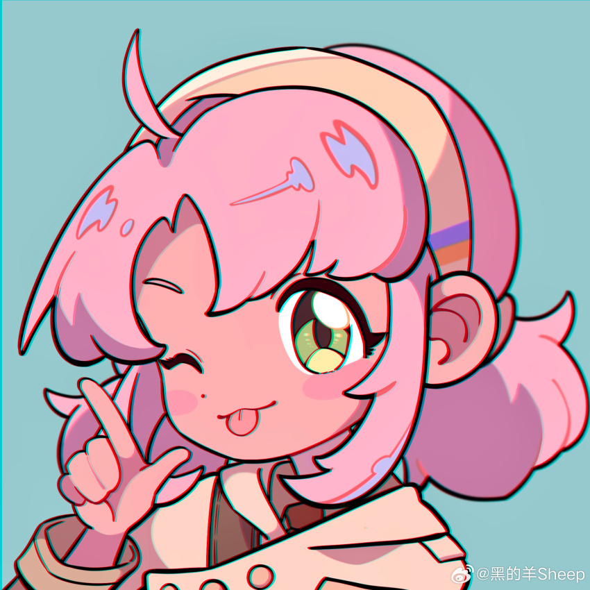 1girl, ;p, ahoge, aqua_background, brown_jacket, chromatic_aberration, finger_gun, green_eyes