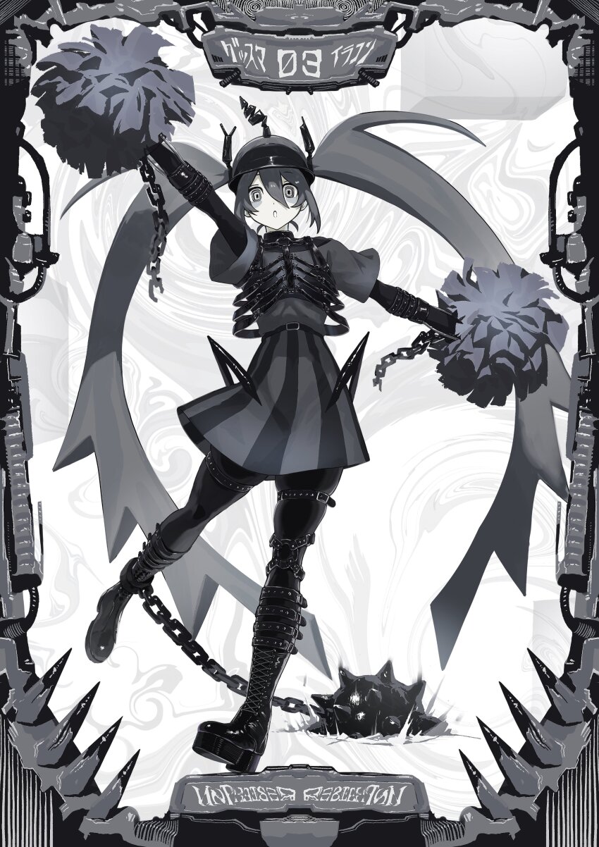 1girl, abstract_background, absurdres, alternate_costume, alternate_hair_color, arm_up, ball_and_chain_(weapon), ball_and_chain_restraint