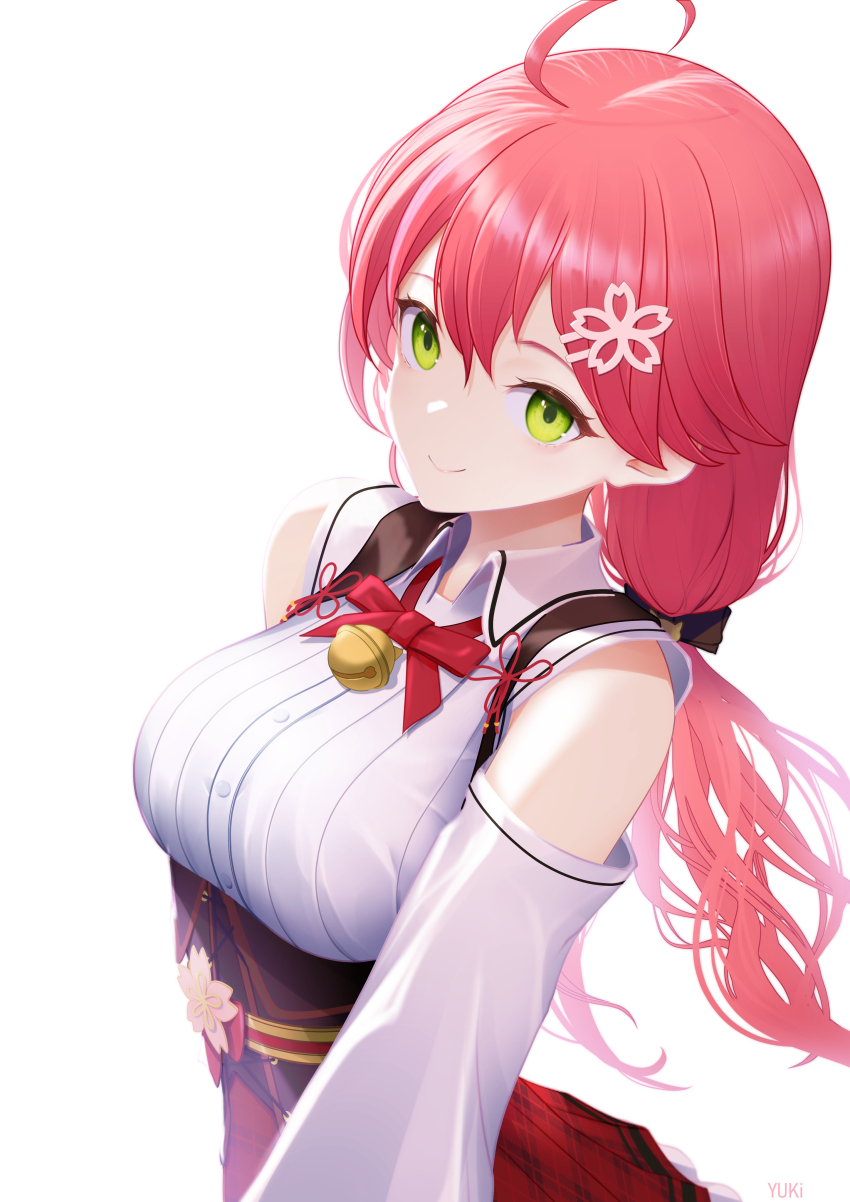 1girl, absurdres, ahoge, artist_name, breasts, green_eyes, highres, hololive, large_breasts, looking_at_viewer, low_twintails, official_alternate_costume, pink_hair, sakura_miko, sakura_miko_(casual), shirt, simple_background, smile, solo, twintails, virtual_youtuber, white_background, white_shirt, yuki_(24726302)