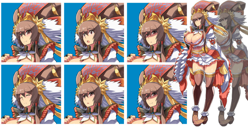 1girl, breasts, brown_eyes, brown_hair, cleavage, da_qiao_(sangokushi_taisen), hat, miniskirt, sangokushi_taisen, shoohee, skirt, thighhighs